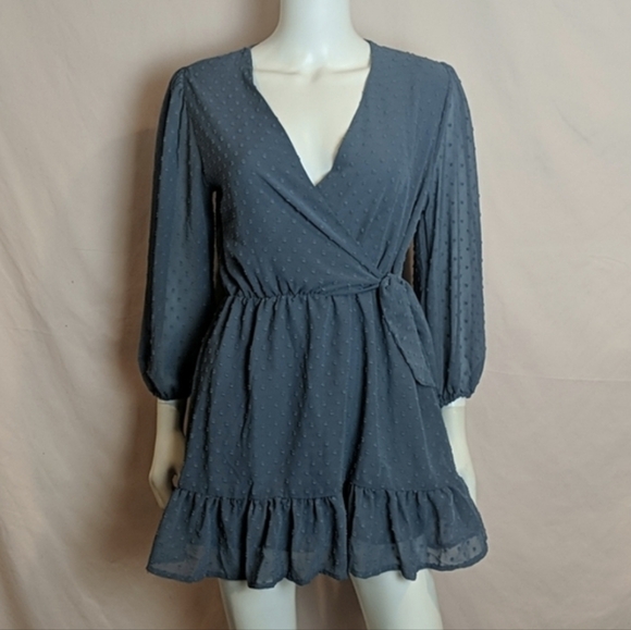 Goodnight Macaroon Blue Long Sleeve V Neck Simon Mini Dress with Built in Shorts - Picture 1 of 8